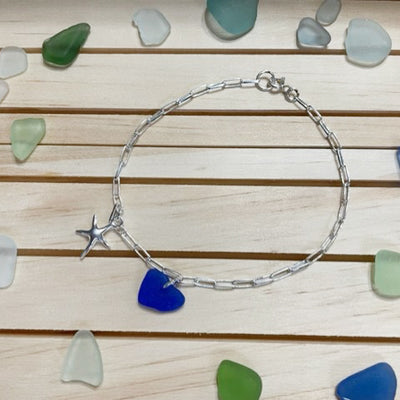 Sterling Silver Bracelet with Beach Glass and Charm